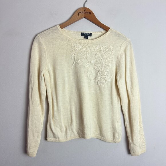 Classiques Entier Sweater Womens Medium Ivory White Embroidered Beaded Wool M - Picture 1 of 7
